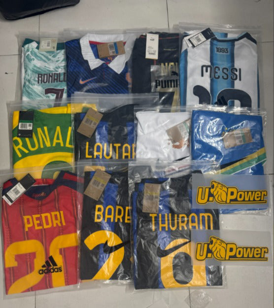 Football shirts bagged and labelled, ready for despatch