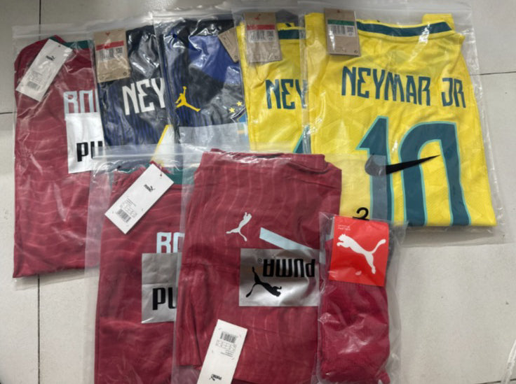 Football shirts bagged and labelled, ready for despatch