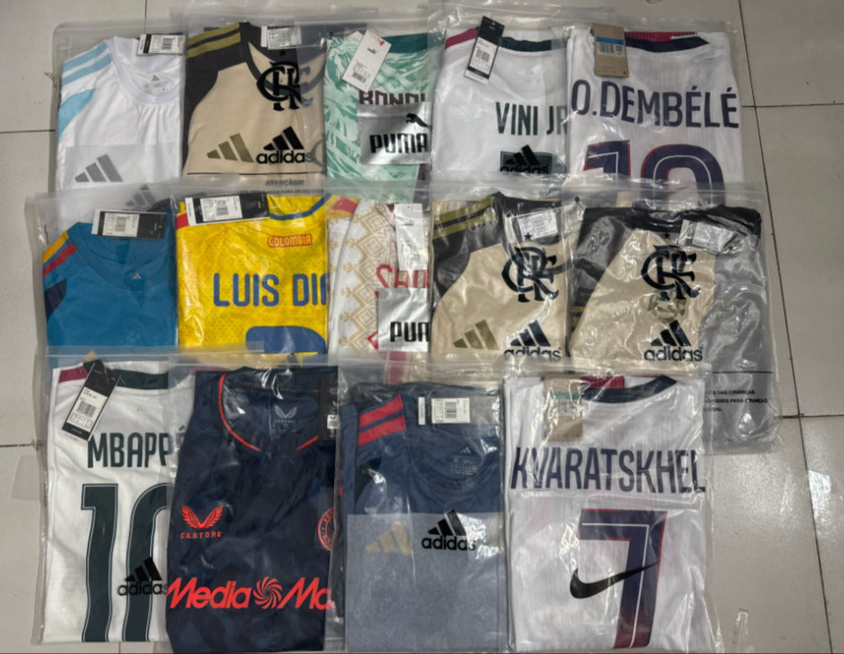 Football shirts bagged and labelled, ready for despatch